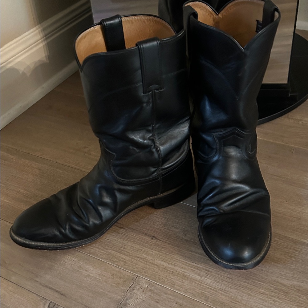 Justin Boots Black Leather Ropers Cowboy Western Boots